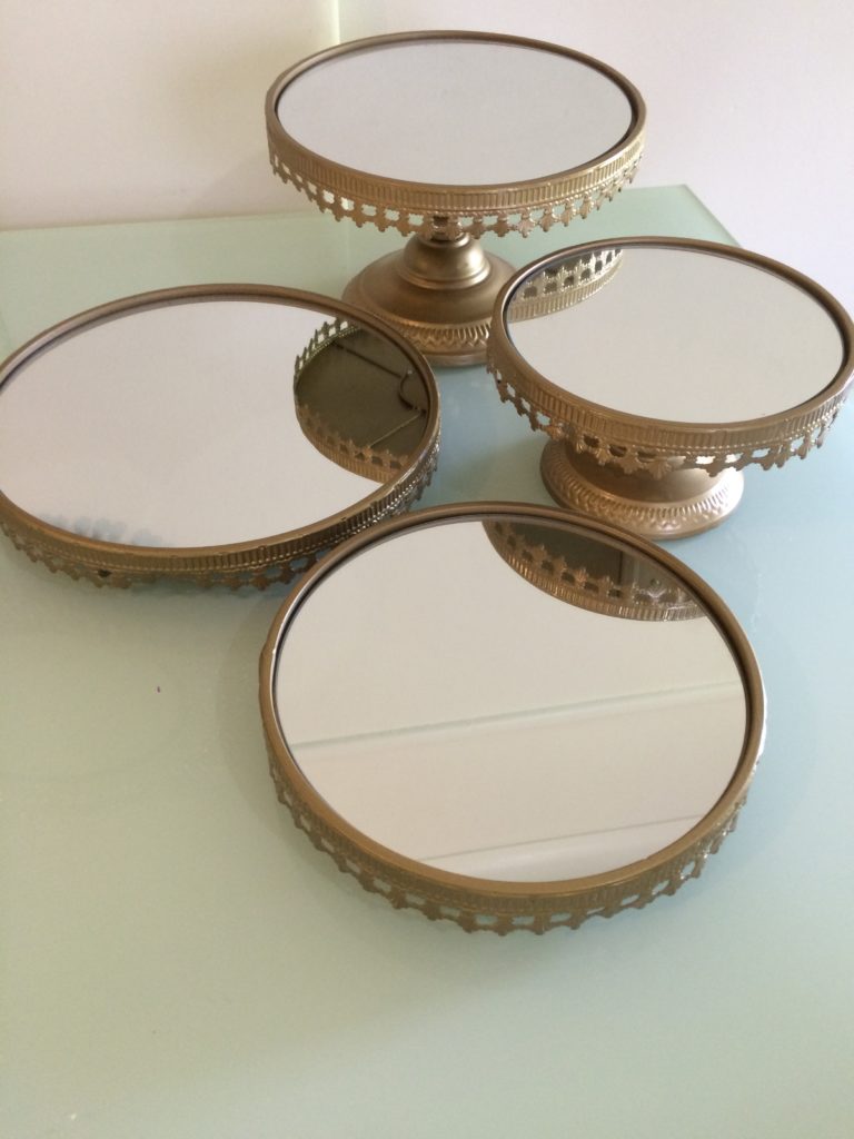 Large gold rustic mirror cake stand Prop My Party Events Hire