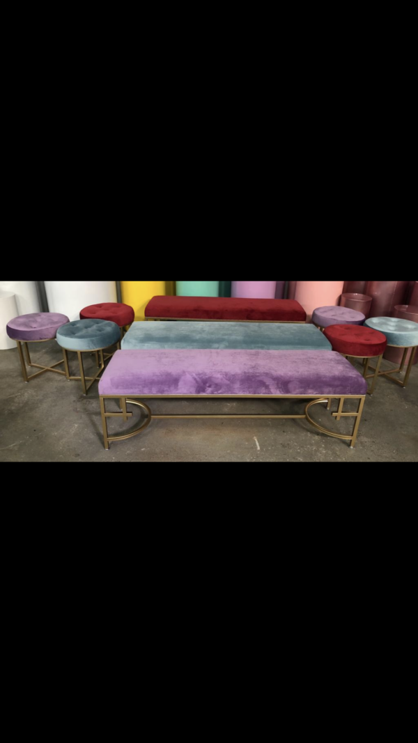 Grey/blue and gold velvet ottoman