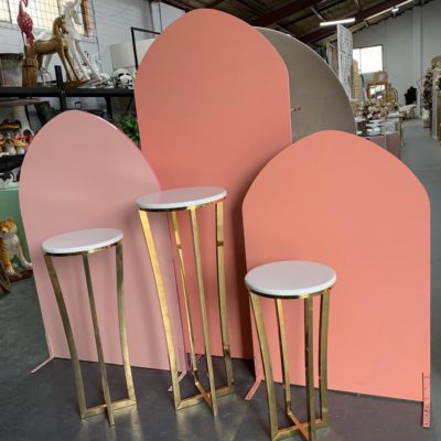 Set of three peach arches and gold white pedestals